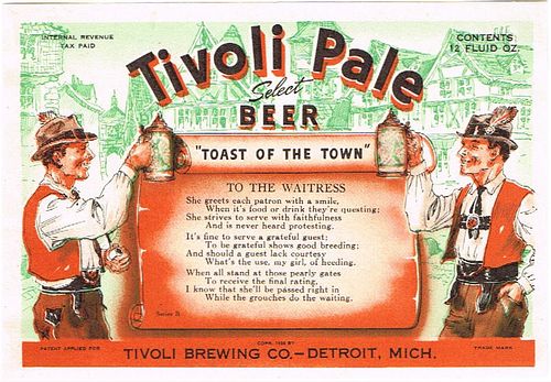 1936 Tivoli Pale Beer "To The Waitress" 12oz Label CS51-14 Detroit