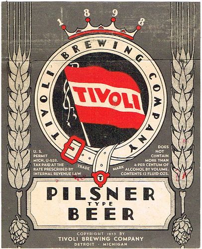 1933 Tivoli Pilsner Beer 12oz Label CS51-21 Detroit