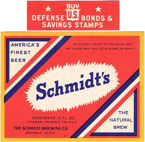1938 Schmidt's Beer 96mm (US Savings Bonds Neck) 12oz Label CS49-01 Detroit