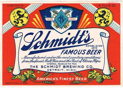 1936 Schmidt's Famous Beer 12oz Label CS48-20v2 Detroit