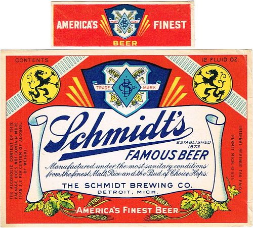 1935 Schmidt's Famous Beer 12oz Label CS48-20v1 Detroit