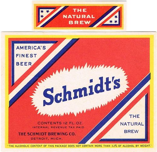 1942 Schmidt's Beer 118mm 12oz Label CS48-25V Detroit