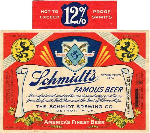 1933 Schmidt's Famous Beer 12oz Label CS48-19 Detroit