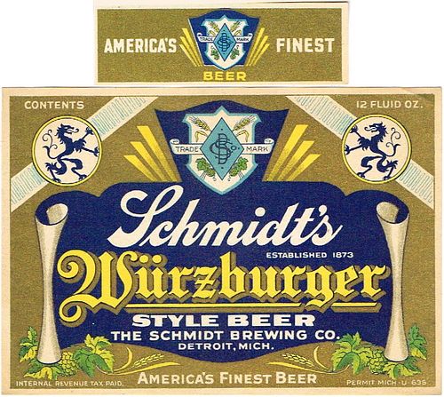 1933 Schmidt's Wurzburger Beer 12oz Label CS49-04V1 Detroit