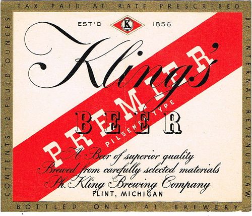 1944 Kling's Premier Beer 12oz Label CS56-06 Flint