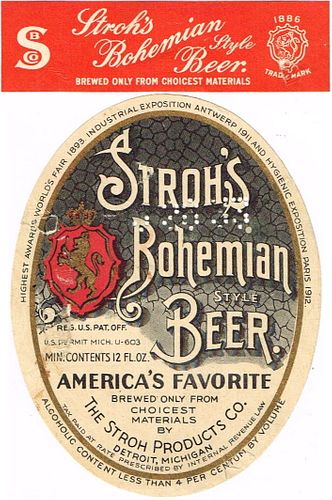 1933 Stroh's Bohemian Beer 12oz Label CS50-22 Detroit