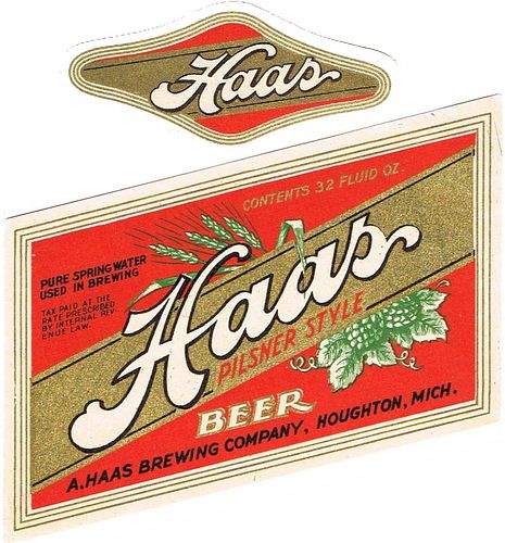 1934 Haas Pilsner Style Beer 32oz One Quart Label CS62-10 Houghton