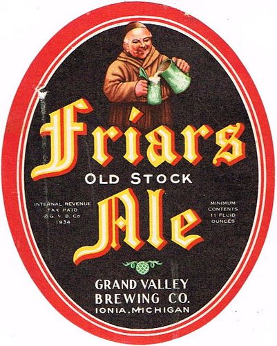 1934 Friars Old Stock Ale (96mm) 11oz Label CS62-20 Ionia