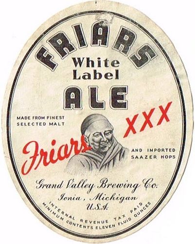 1936 Friars White Label Ale 11oz Label CS62-25 Ionia