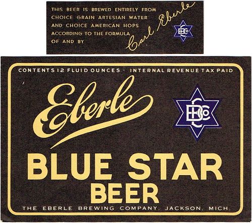 1939 Eberle Blue Star Beer 12oz Label CS64-11 Jackson