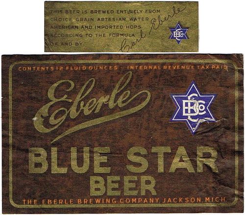 1938 Eberle Blue Star Beer 12oz Label CS64-10 Jackson