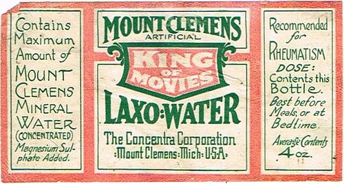 1914 King Of Movies Lax-o Water No Ref. Label Mount Clemens