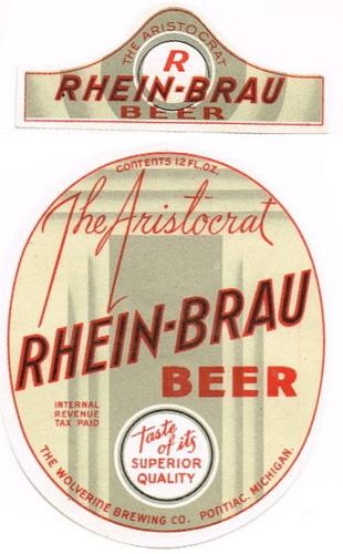1940 Rhein-Brau Beer 12oz Label CS69-12 Pontiac
