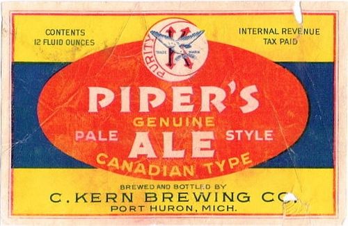 1934 Piper's Genuine Ale 12oz Label CS70-08 Port Huron