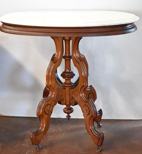 VICTORIAN EASTLAKE OVAL MARBLE TOP SIDE TABLE 