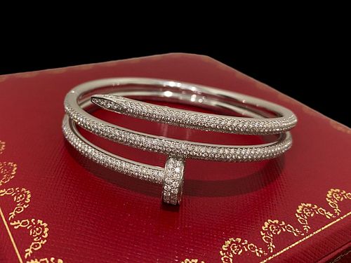 Cartier 18K White Gold Fully Diamond-Paved Double Juste Un Clou Bracelet Size 17