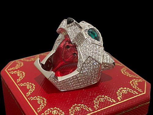 Cartier, 18K White Gold & Diamond Panthere de Cartier Ring, Diamond, Emerald, Onyx Size 65
