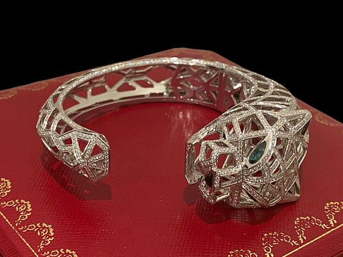 Cartier 18K White Gold & Diamond Skeleton Panthere de Cartier Cuff Bracelet Diamond Emerald Onyx