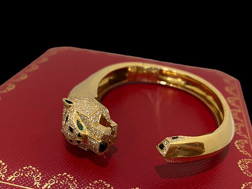 Cartier 18K Yellow Gold & Diamonds Panthere Cuff Bangle Bracelet
