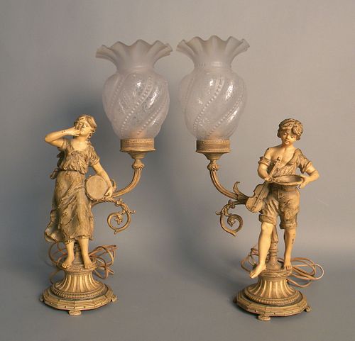 Pair of painted white metal table lamps, ca. 1900,