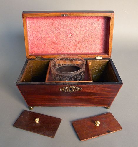Regency mahogany tea caddy, early 19th c., 6 1/4".