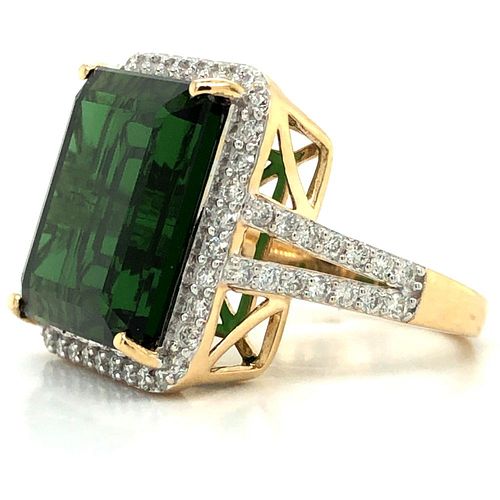 Maximalist Green Tourmaline and Diamond Halo Ring