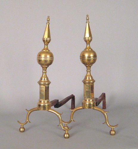 Pair of New York Federal brass steeple top andiron