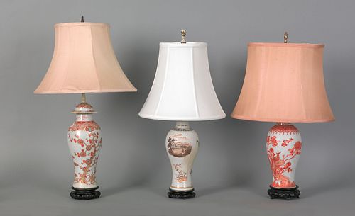 Three Chinese export porcelain garniture lamps, ea
