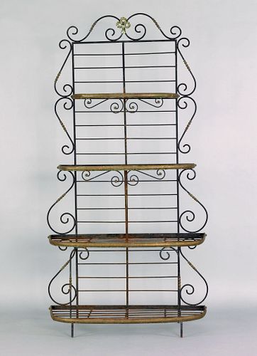Iron and brass four tier bakers rack, 20th c., 85"