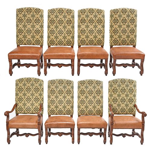 Eight Louis XIV Style Cut Velvet and Leather Upholstered Walnut Dining Chairs