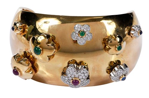 18kt. Diamond, Emerald, Ruby, and Sapphire Wide Cuff Bracelet