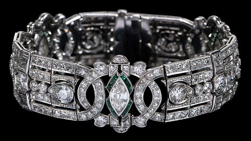 Art Deco Platinum, Diamond and Emerald Openwork Bracelet