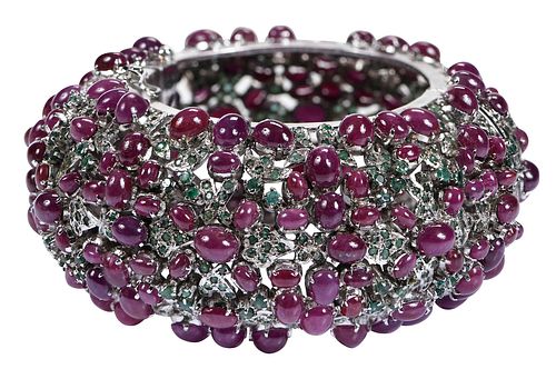 Silver, Ruby, and Emerald Wide Bracelet