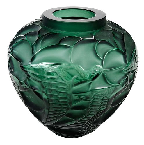 Lalique "Courlis" Green Glass Vase