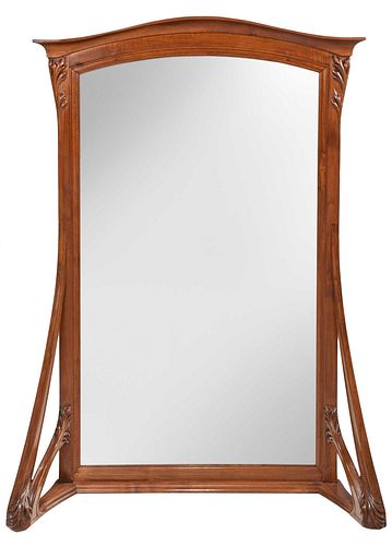 French Art Nouveau Carved Walnut Cheval Mirror