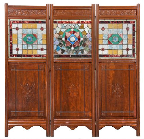 American Aesthetic Cherry and Polychrome Leaded Glass Folding Screen
