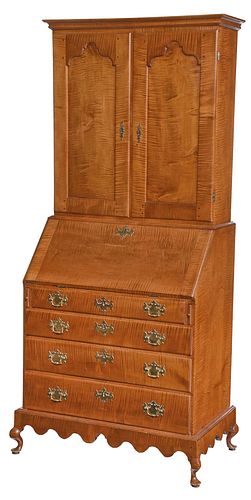 Important Connecticut Queen Anne Tiger Maple Secretary Bookcase on Frame
