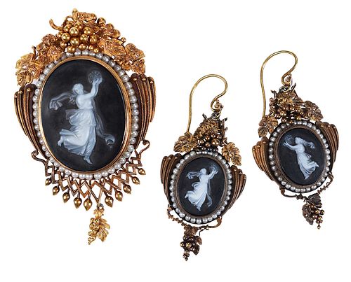 Etruscan Revival Cameo Earrings and Mourning Locket Brooch/Pendant