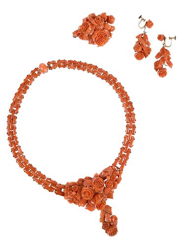 Carved Coral Parure Suite in Original Italian Custom Box, Necklace, Brooch, and Earrings