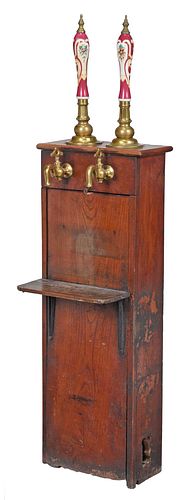 Victorian Polychrome Porcelain and Brass Mounted Oak Double Tap Beer Dispenser