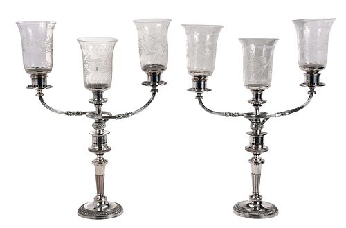Pair Old Sheffield Plate Candelabra with Glass Shades, Matthew Boulton