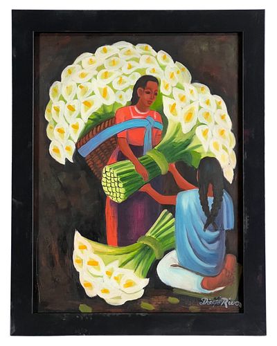 Flower Vendor Painting in manner of Diego Rivera