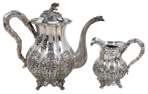 Chinese Export Silver Coffee Pot and Creamer, Khecheong
