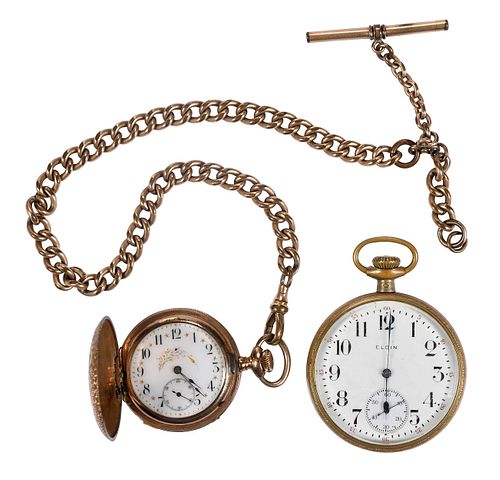 Two Elgin Pocket Watches, and Watch Chain with Fob