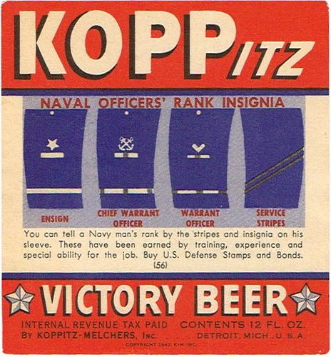 1942 Koppitz Victory Beer #56 12oz Label CS46-05-50 Detroit