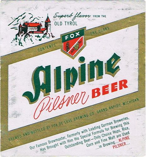 1955 Alpine Beer 32oz One Quart Label Grand Rapids