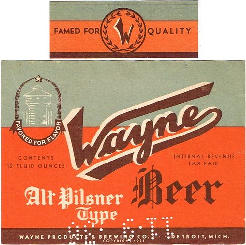 1935 Wayne Alt Pilsner Type Beer 12oz Label CS52-17 Detroit