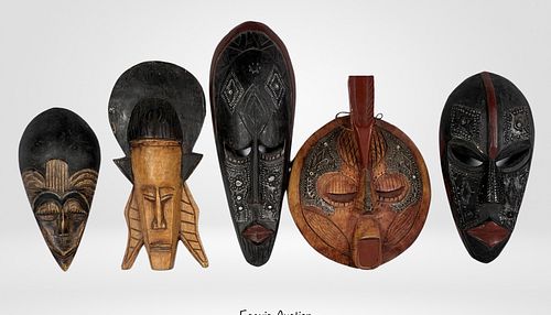 Lot of 5 African Ghanian Wood Carved Tribal Masks