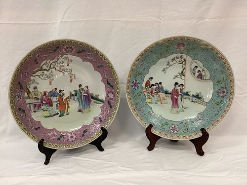 Pair Large Chinese Porcelain Famille Rose Chargers