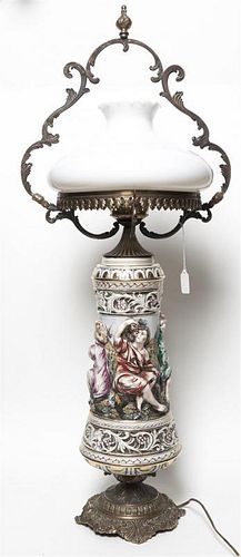 A Capodimonte Gilt Metal Mounted Porcelain Lamp, Height of porcelain 16 inches.